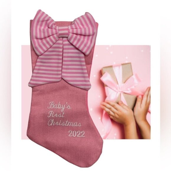Baby First Christmas Stocking Embroidered 2022  Baby Girl Pink White 17 Inches - Picture 16 of 16